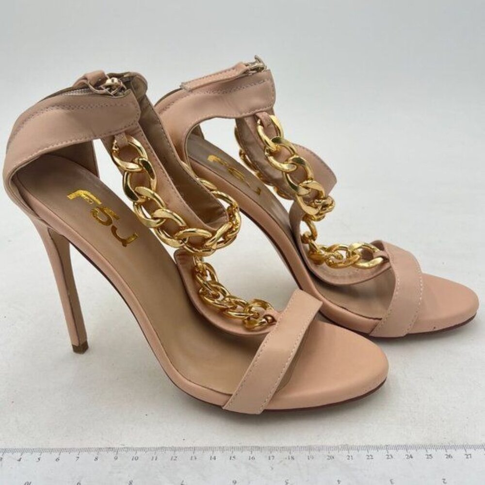 FSJ Nude T-Straps High Heel Sandals Golden Chains Open Toe Ankle Straps Shoes - Picture 4 of 8
